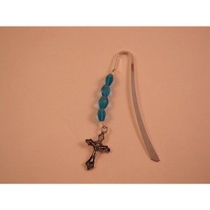 Silverplate Bookmark / Bible mark Blue czech pressed glass